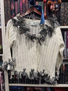 Ivory Ribbon-Trim Knit Cardigan with Bow Accents